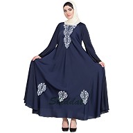Embroidered Umbrella cut Nida abaya- Navy blue-White